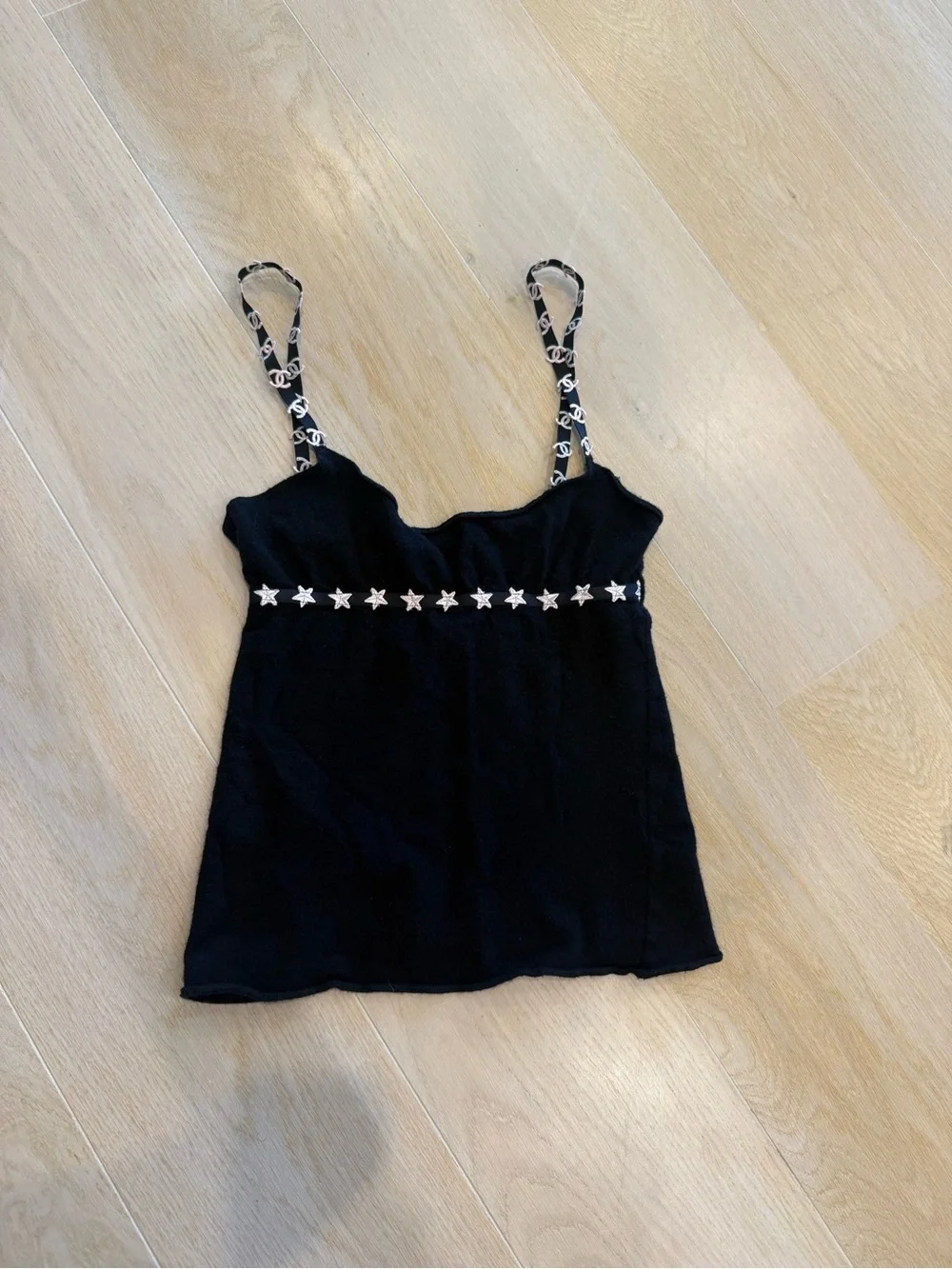 CHANEL Black Star-Trim Camisole with Logo Straps
